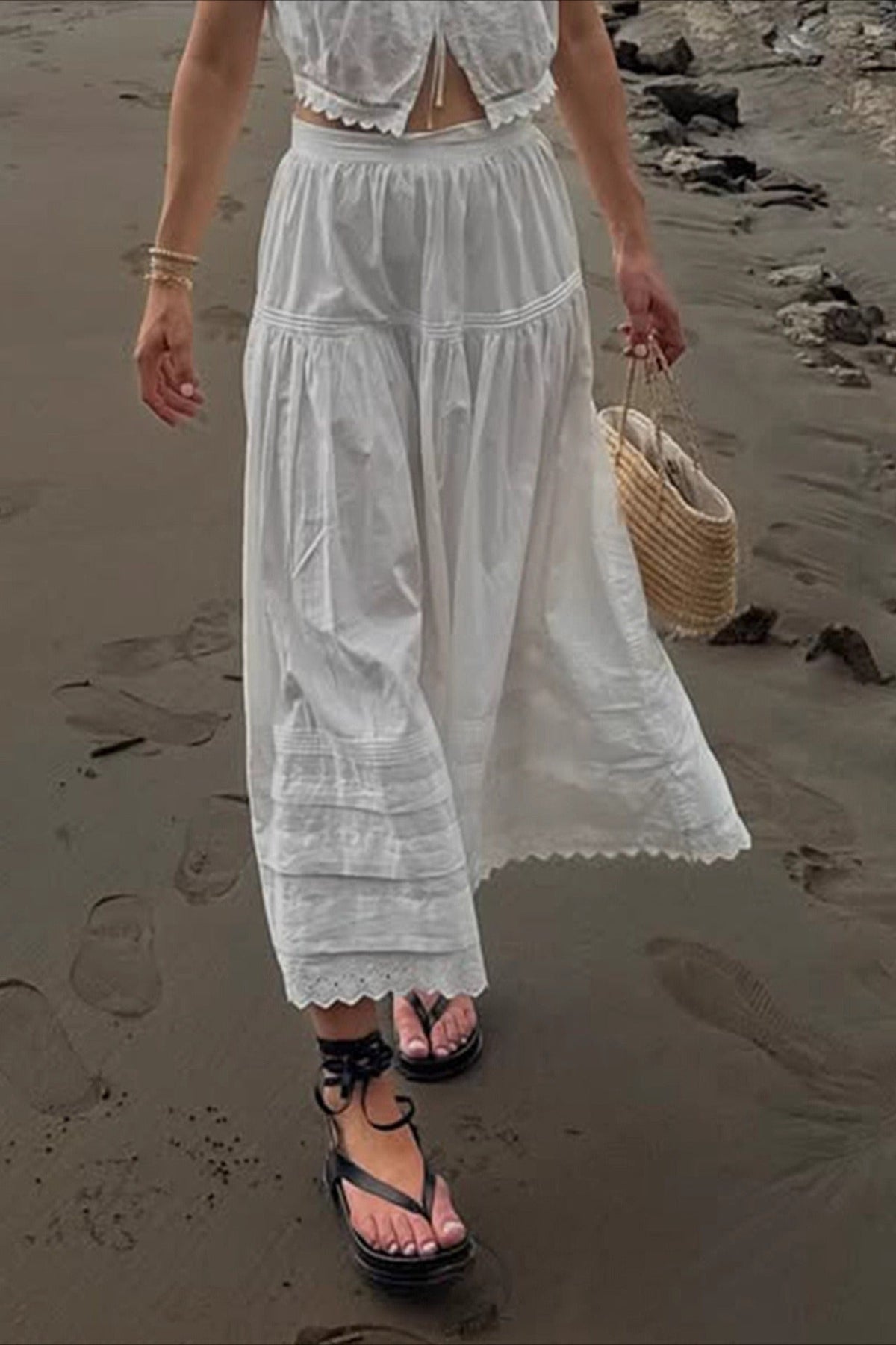 Lace Panel Asymmetrical Maxi Skirt