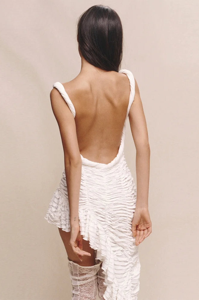 Textured Ruched Sweetheart Asymmetric Mini Dress