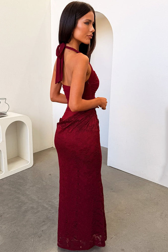 Lace Halter Mesh Cutout Backless Mermaid Maxi Dress