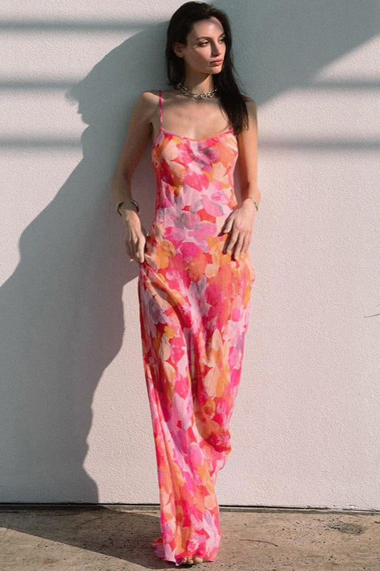 Floral U-Neck Halter Backless Bodycon Maxi Dress