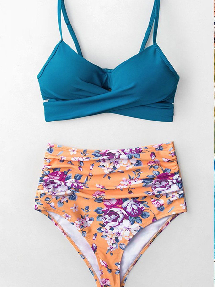 High Waist Criss Cross Floral Print Two pieces Swimsuit - Fashionpara