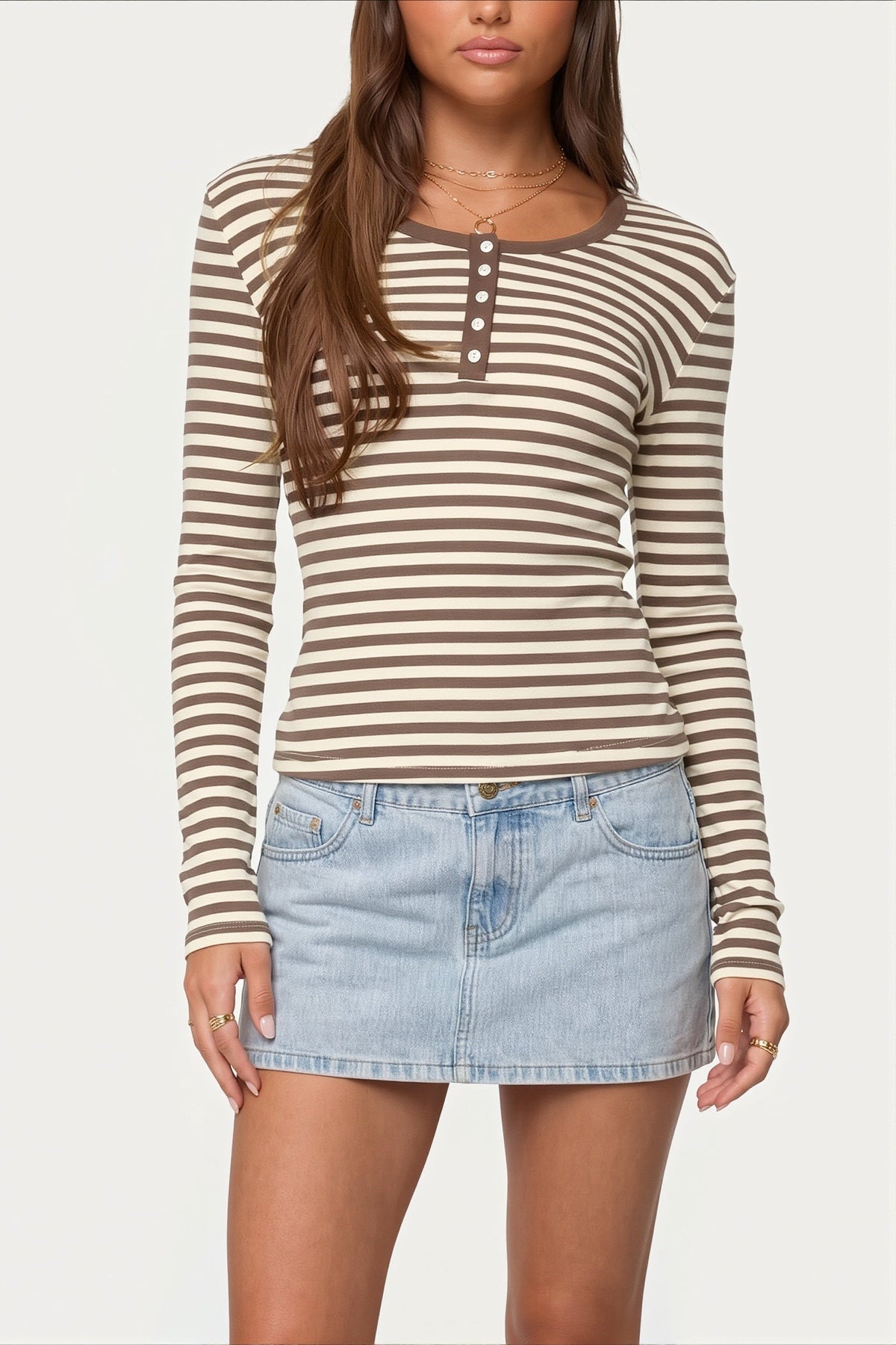 Striped Henley Neck Fitted T-shirt