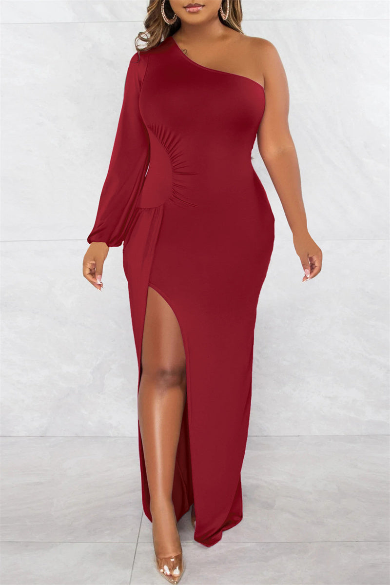 Sexy Formal Solid Backless Slit Oblique Collar Long Sleeve Dresses  Fashionpara