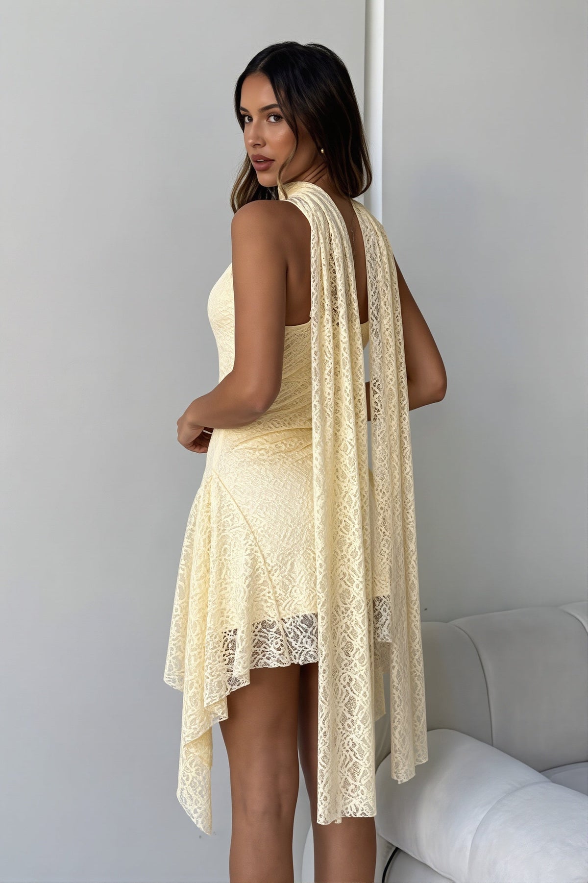Lace V-Neck Handkerchief Hem Slip Mini Dress
