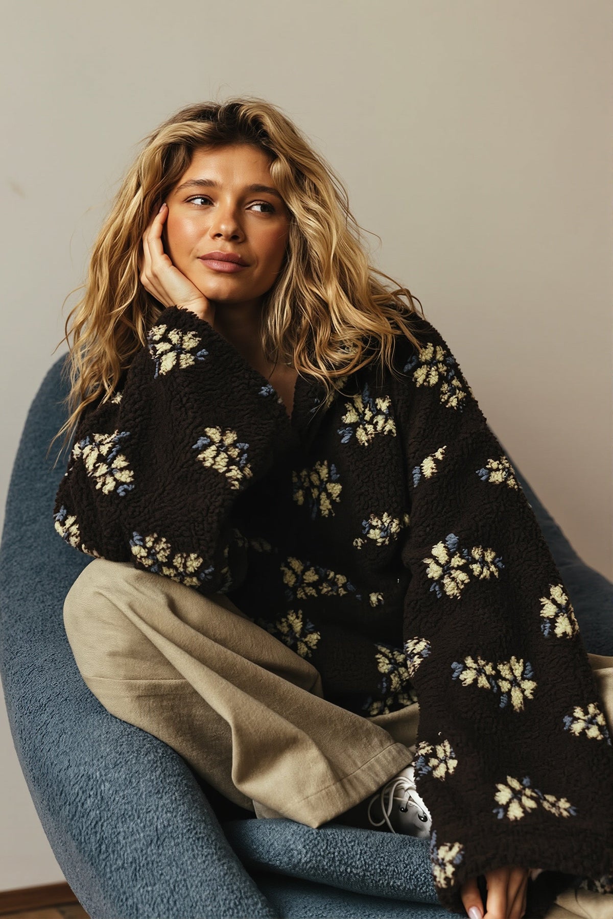 Floral Half Zip Sherpa Fleece Coat