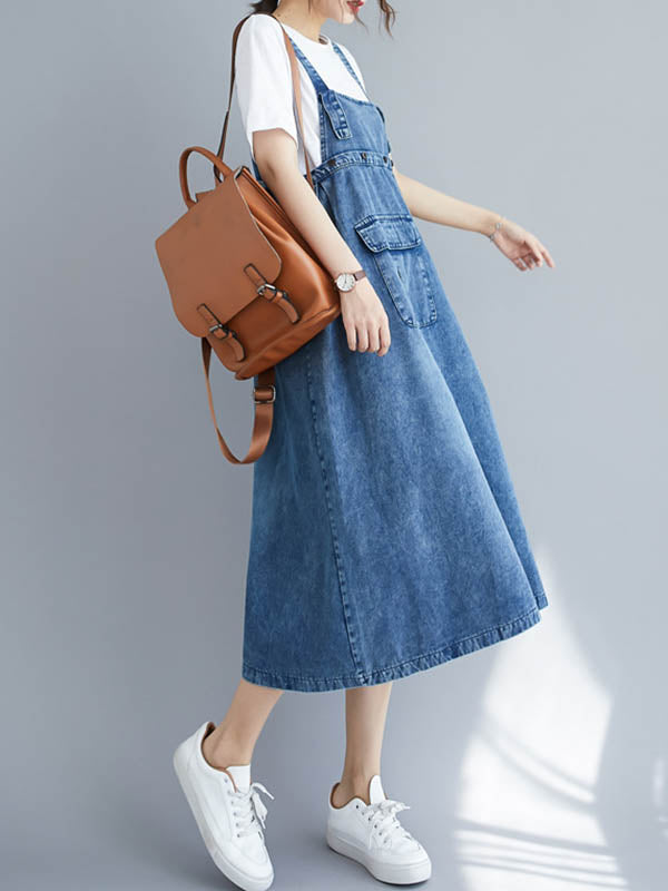 Denim Bib Strap Cargo Pocket Loose Fit Midi Overall Dress - View 5