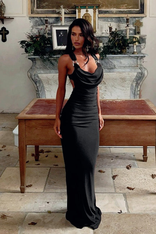 Draped Cowl Neck Satin Ruched Fishtail Mermaid Gown