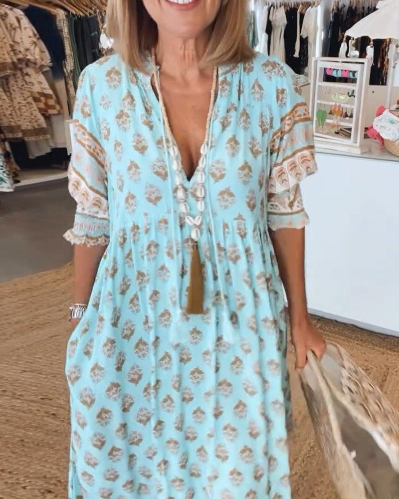 Block Print V-Neck Button Front Half Sleeve Tiered Midi Dress 3