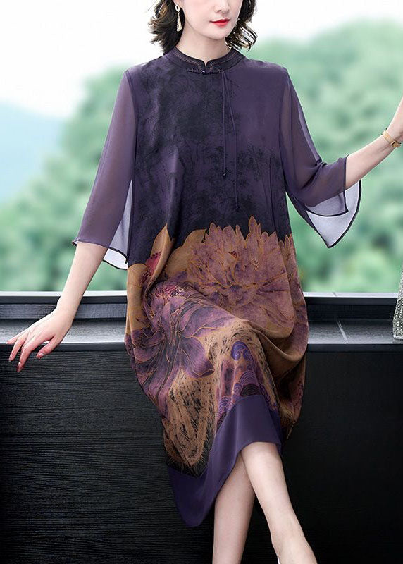 Mandarin Collar Keyhole Sheer Bell Sleeve Floral Print Midi Dress