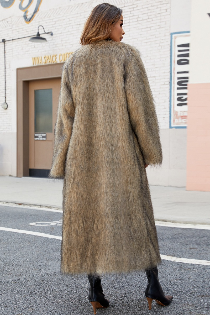 Chic V Neck Faux Fur Cozy Longline Overcoat - Fashionpara