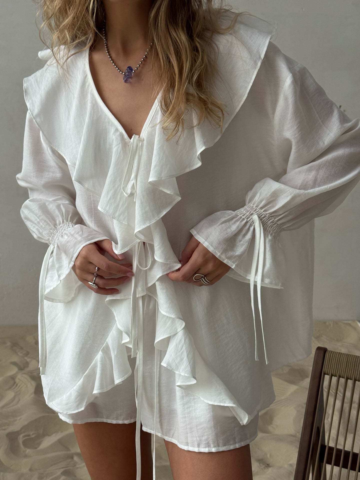 Ruffled Hem Tie Front Cardigan and Shorts Set for Style