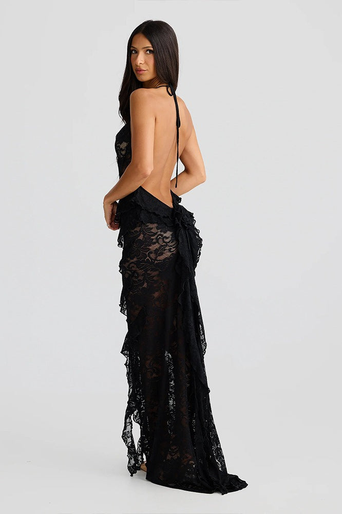 Sheer Lace Halter Neck Ruffle Backless Maxi Dress