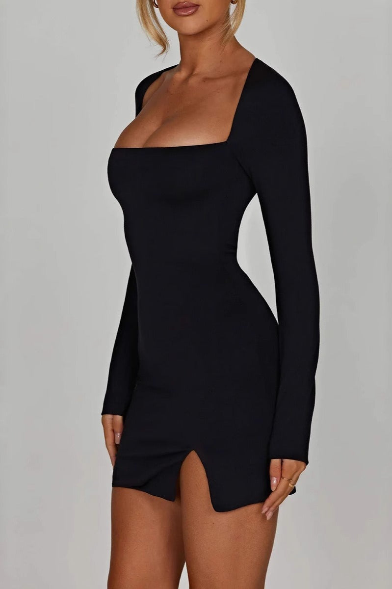 Square Neck Long Sleeve Front Slit Bodycon Mini Dress