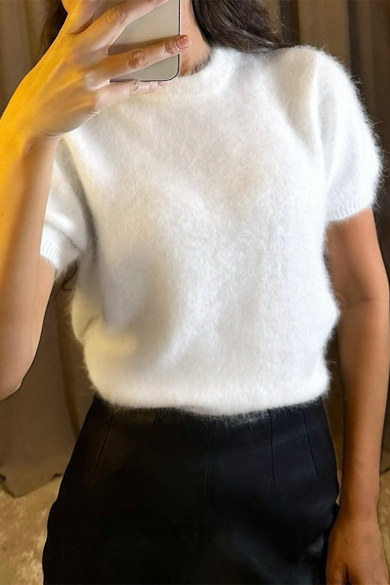 Fuzzy Short Sleeve Crew Knit Sweater