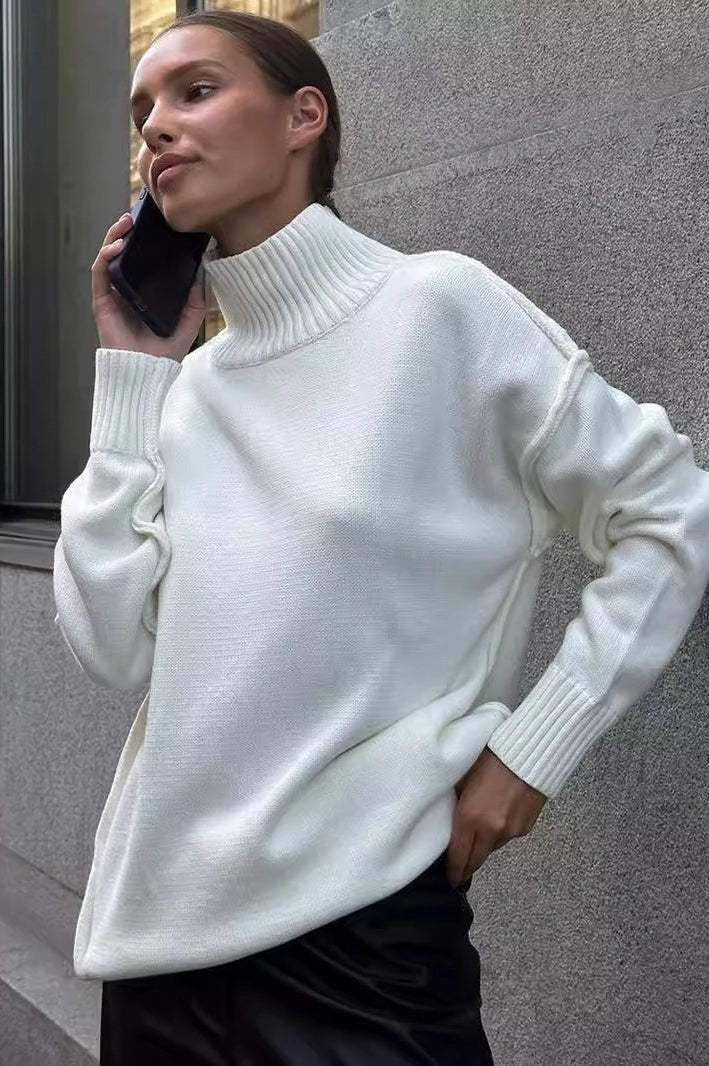High Neck Patchwork Knit Sweater for Effortless Style