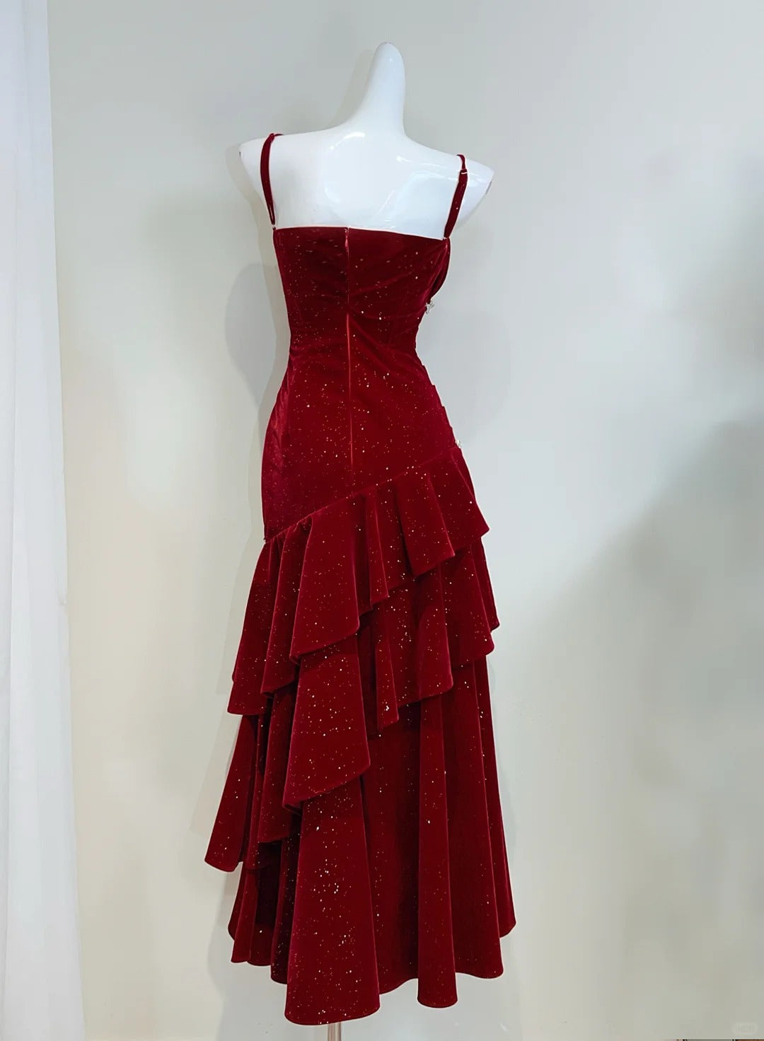 Vintage Burgundy Mermaid Spaghetti Strap Ruffle Velvet Prom Dress Evening Dress P4067