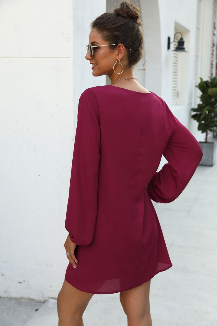 V-neck Frock-sleeve Dress - Fashionpara