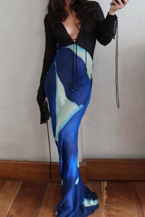 Abstract Print V-Neck Long Sleeve Mesh Maxi Dress