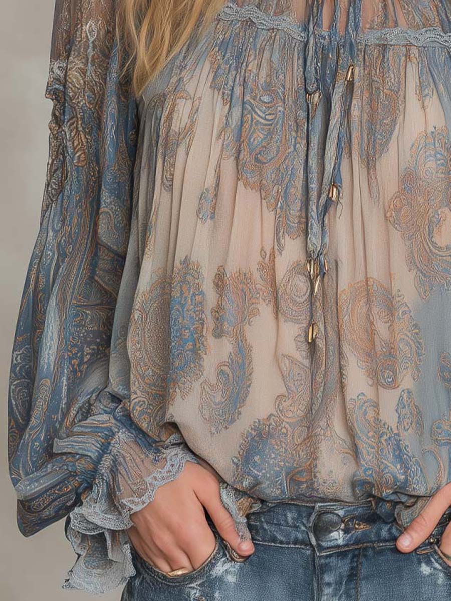 Vintage Sheer Paisley Ruffle Blouse - Fashionpara