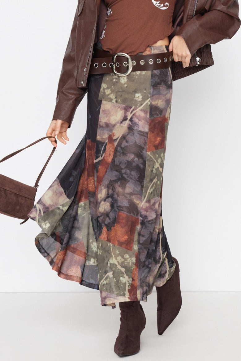 Floral Mesh Asymmetric Slit Midi Skirt