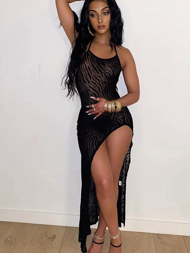 Sheer Mesh Burnout Halter Backless High-Slit Maxi Dress 4