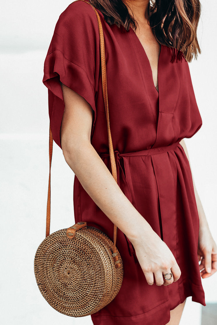 V-neck Short Sleeve Button Lace Dress - Fashionpara