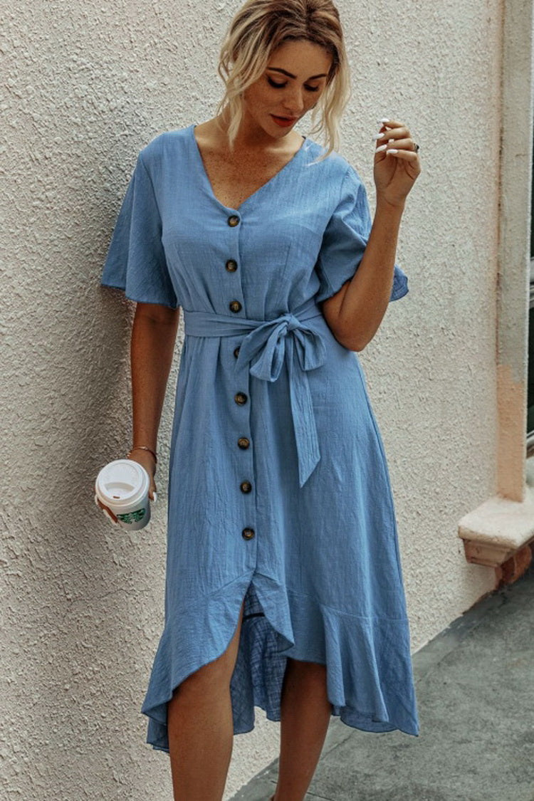 Ruffled V-neck Lace Dress - Fashionpara