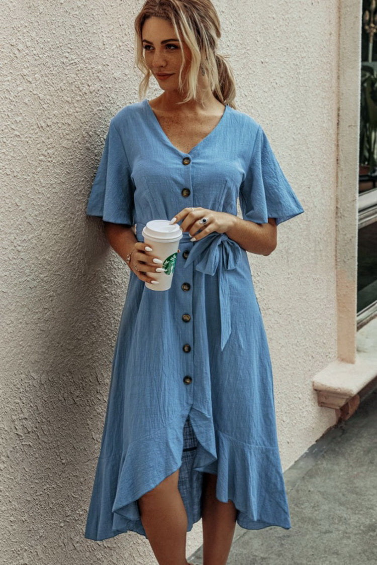 Ruffled V-neck Lace Dress - Fashionpara