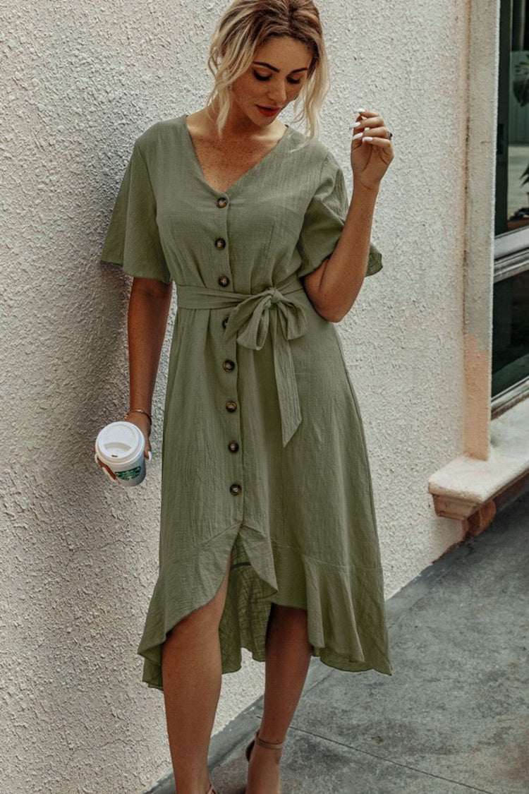 Ruffled V-neck Lace Dress - Fashionpara