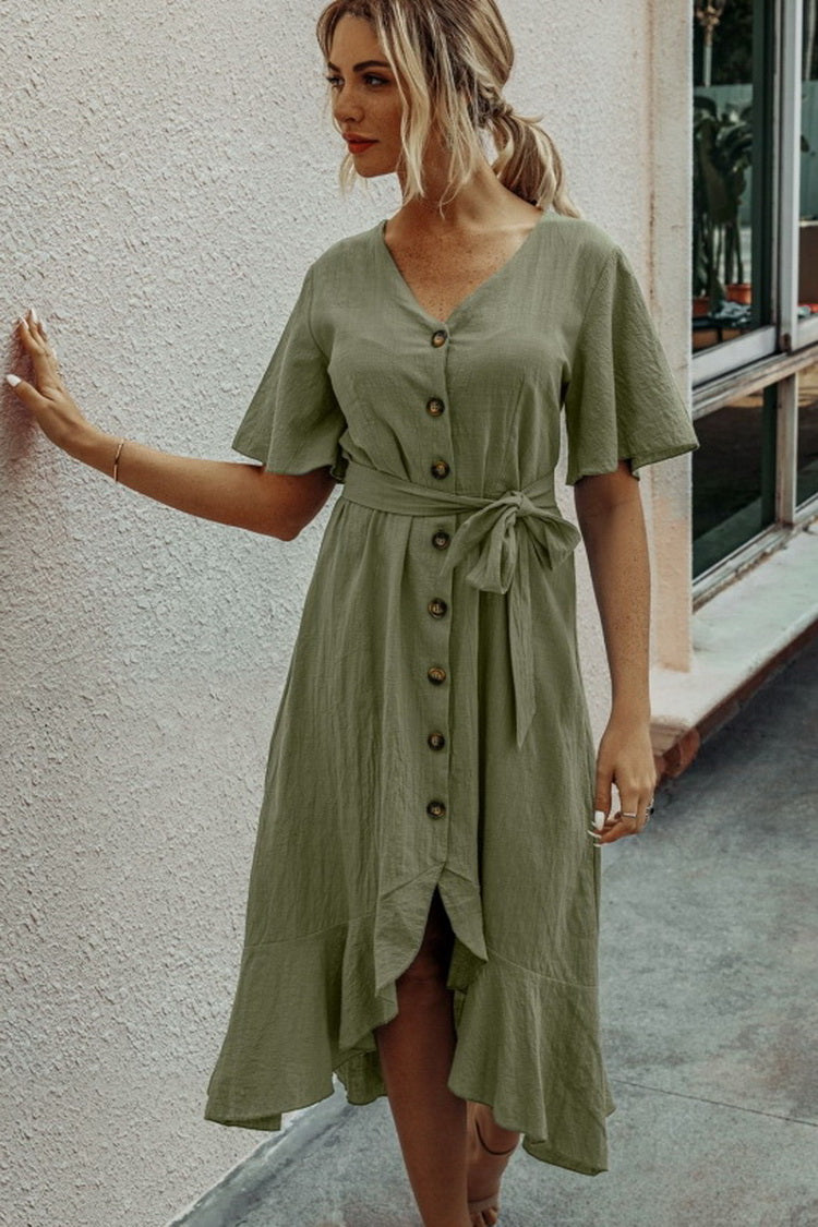 Ruffled V-neck Lace Dress - Fashionpara