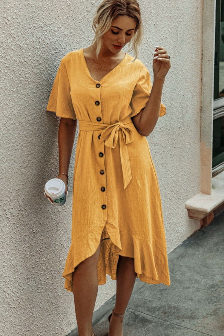 Ruffled V-neck Lace Dress - Fashionpara