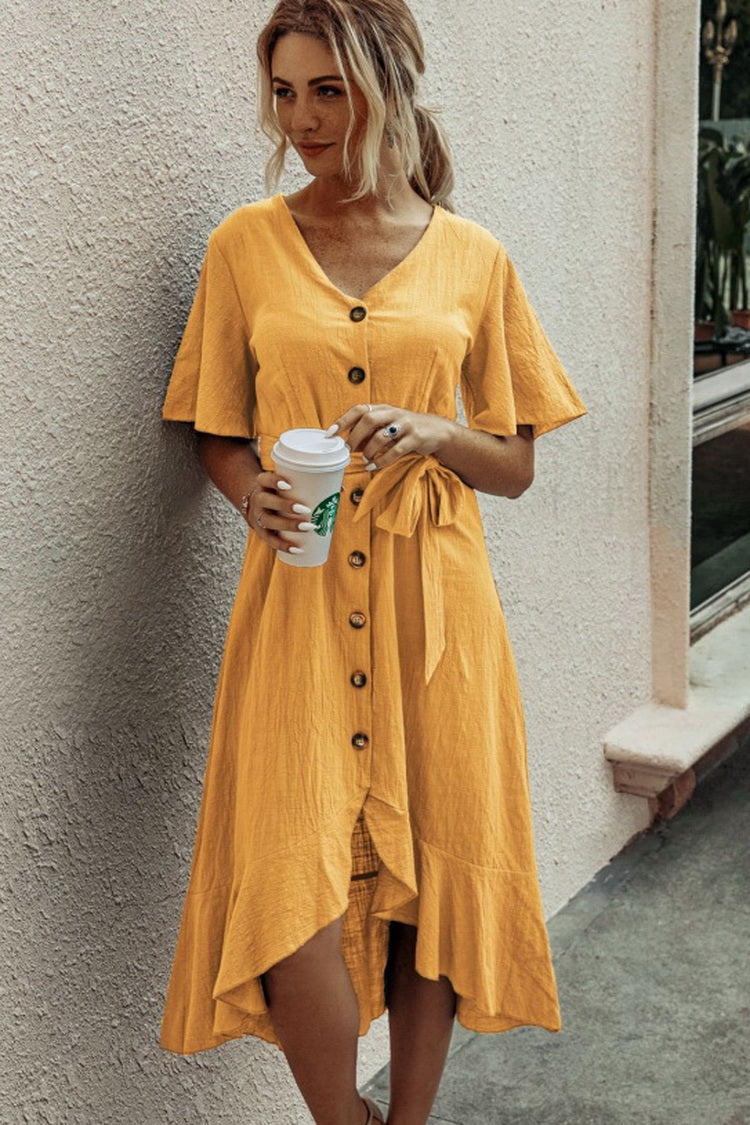 Ruffled V-neck Lace Dress - Fashionpara