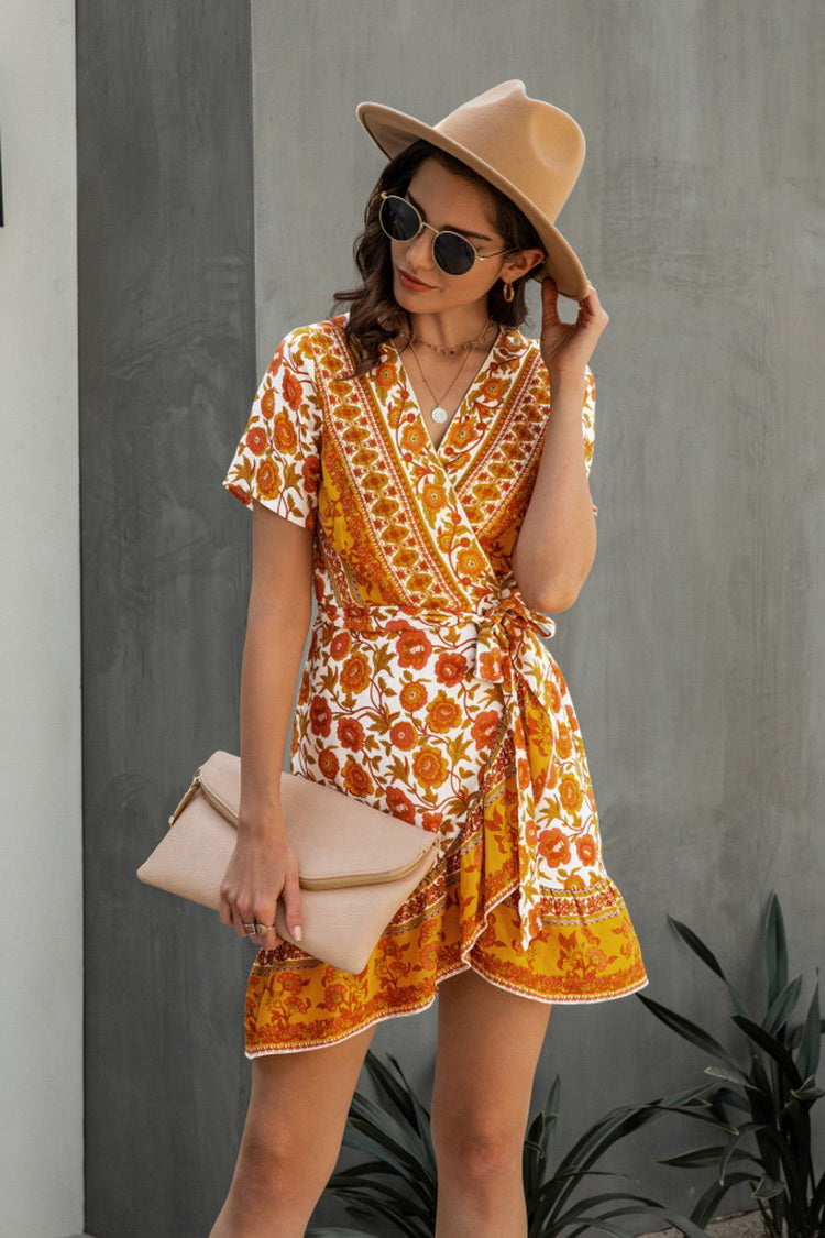 Printed V-neck Short Sleeve Lace Ruffle Dress