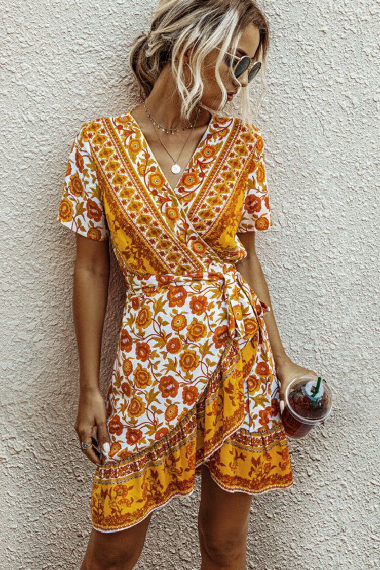 Printed V-neck Short Sleeve Lace Ruffle Dress