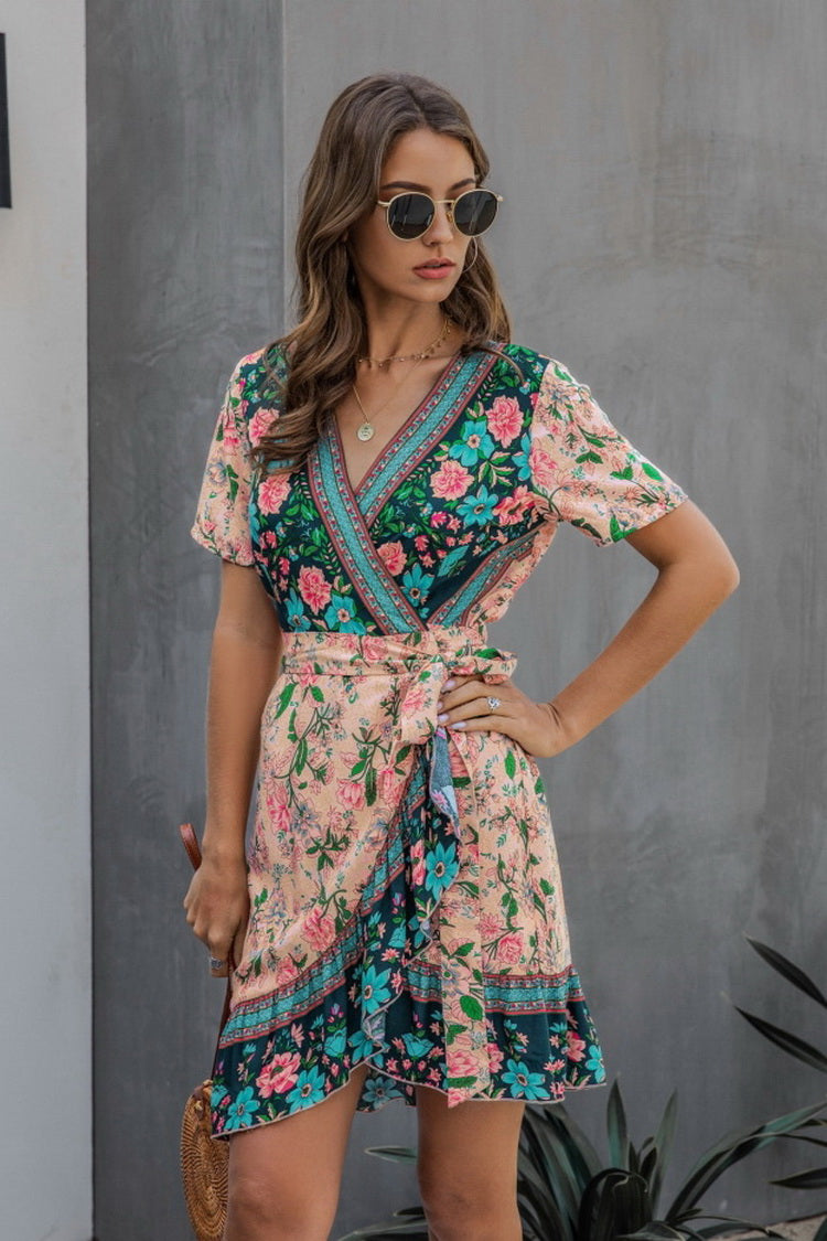 Printed V-neck Short Sleeve Lace Ruffle Dress