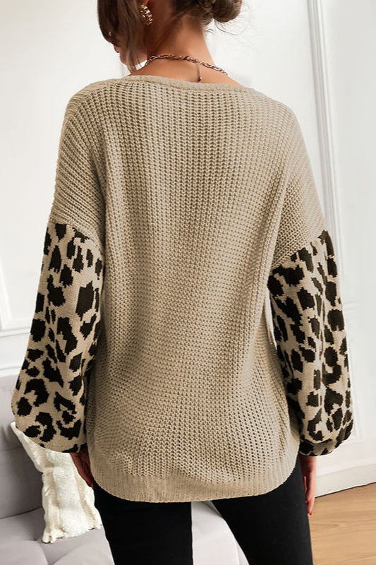 Slouchy Leopard Splice Knit Sweater for Effortless Style