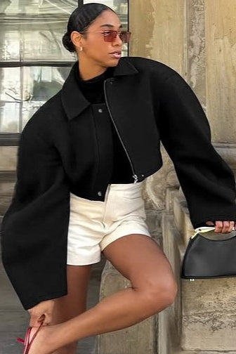 Zipper Lapel Wool Short Jacket