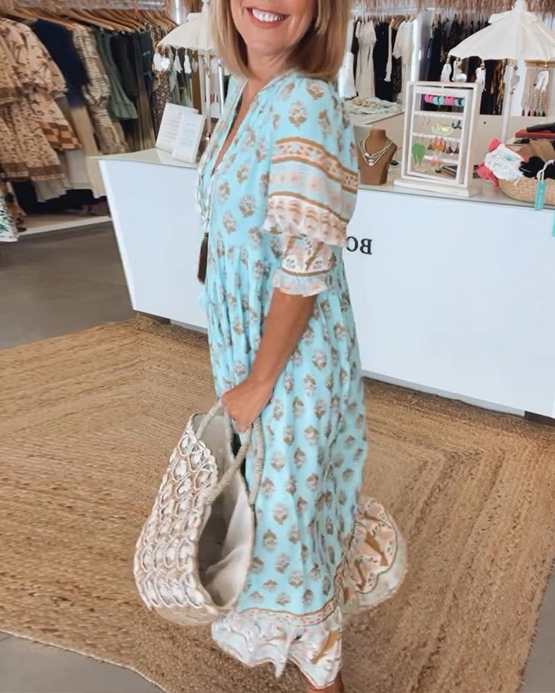 Block Print V-Neck Button Front Half Sleeve Tiered Midi Dress 4
