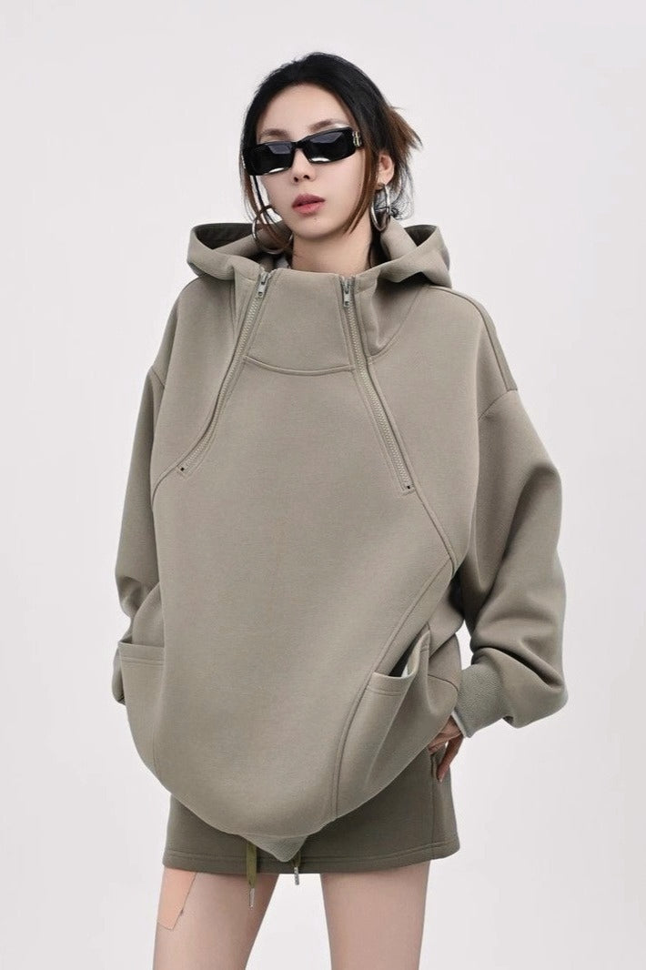 Oversized Hooded Sweatshirt with Side Zipper Hoodie - Fashionpara