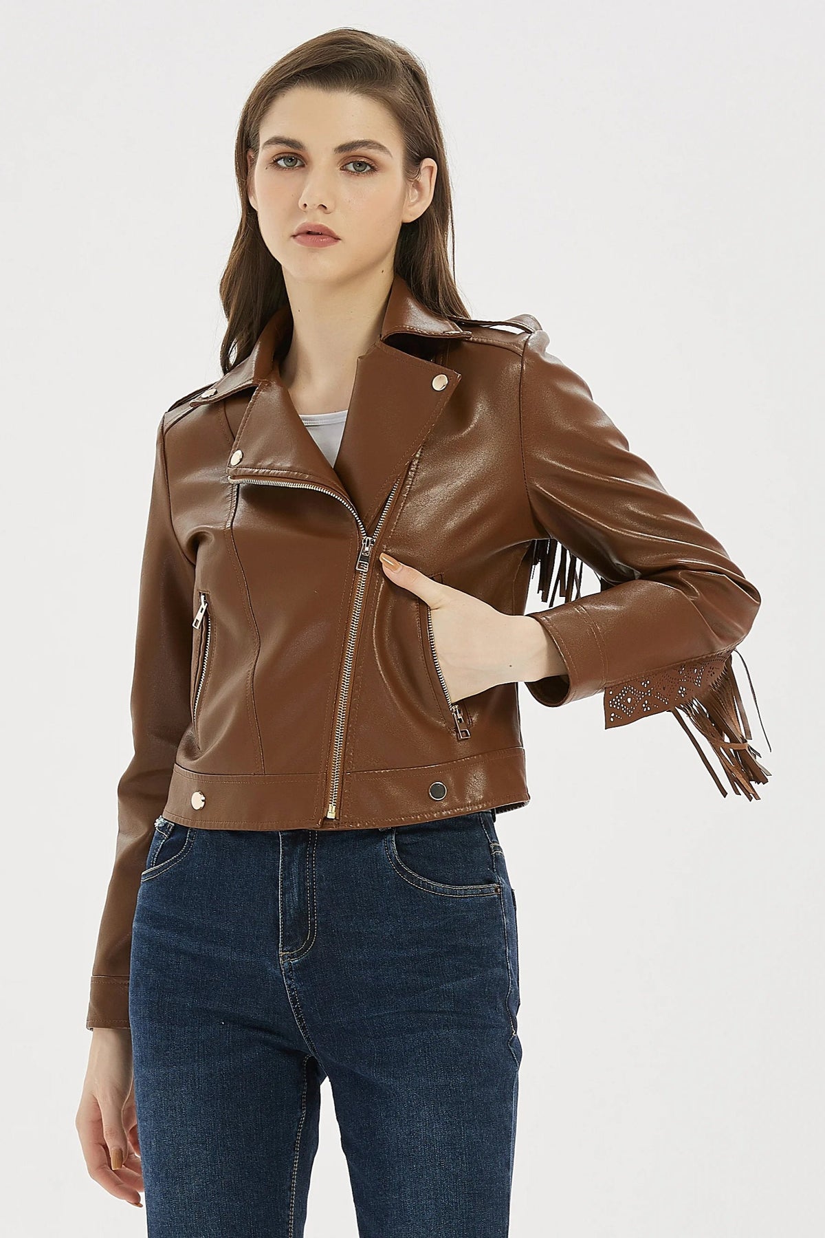 Faux Leather Tassel Biker Jacket