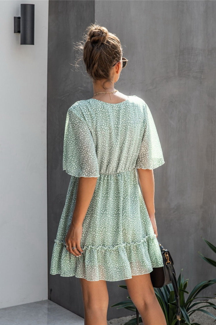 Printed V-neck Ruffled Dress