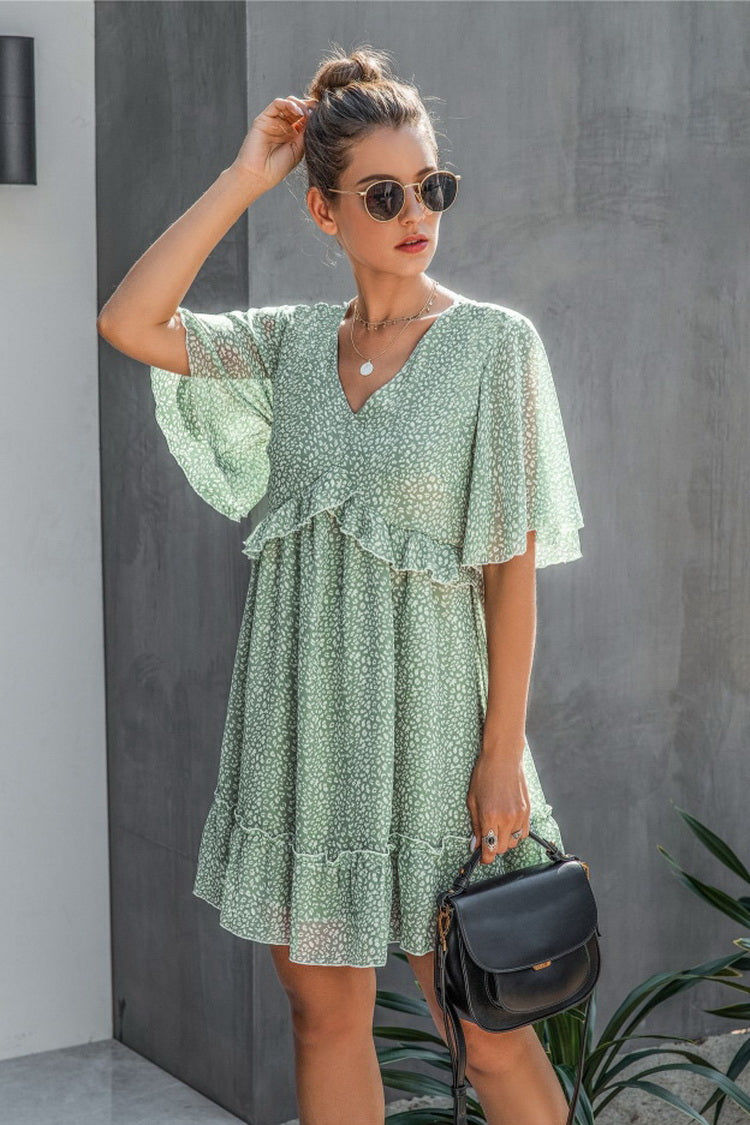 Printed V-neck Ruffled Dress