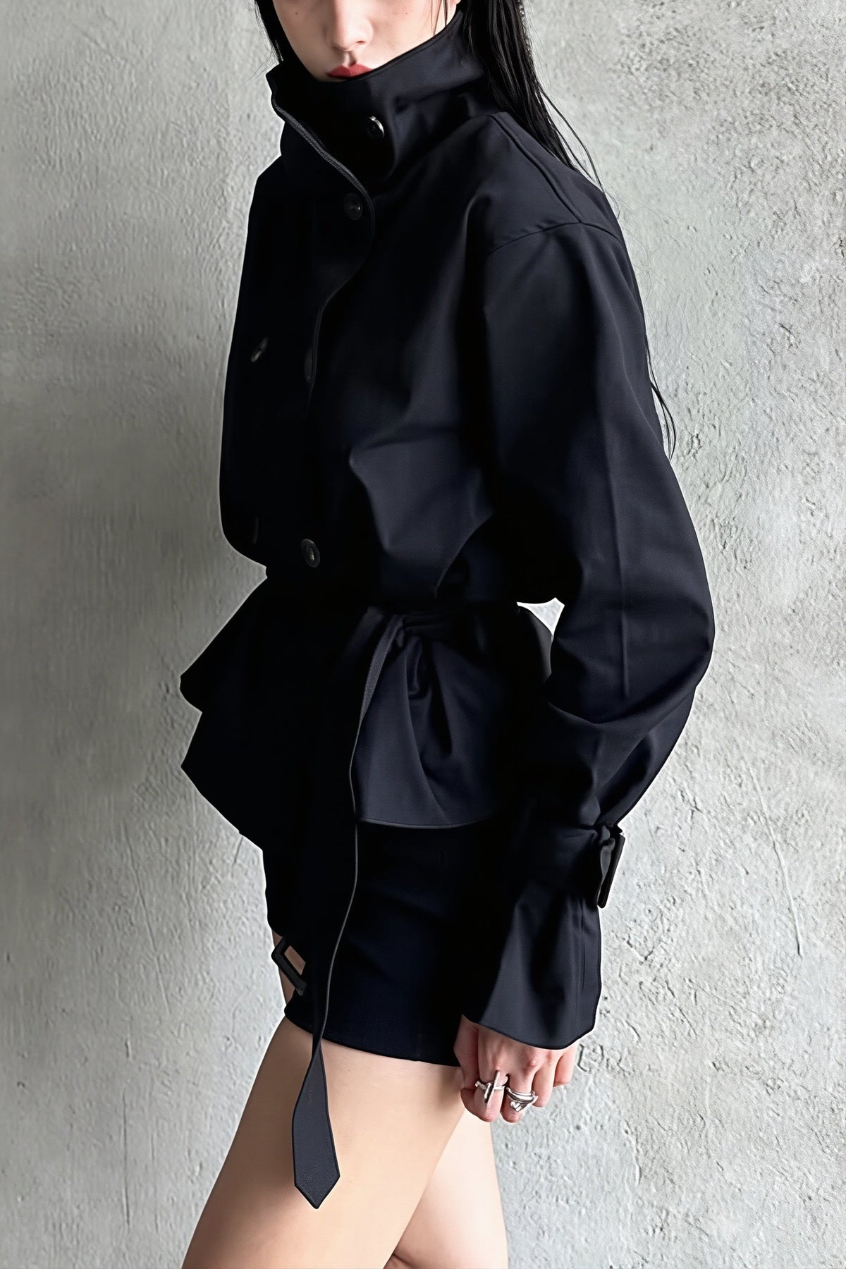 High Neck Belted Double Breasted Trench Coat