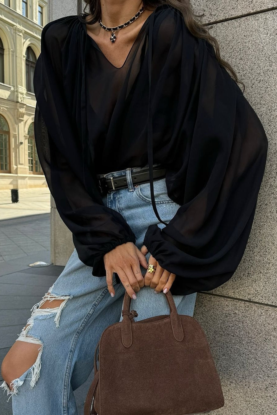 Sexy Sheer Tie Detail Blouse