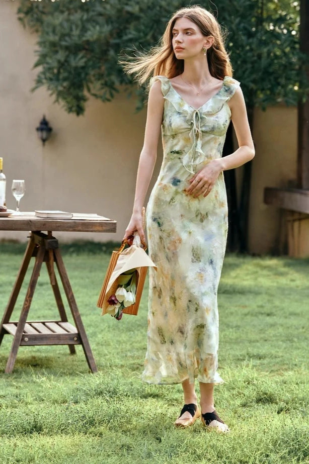 Leaf Edge V-neck Ruffle Vacation Floral Dress