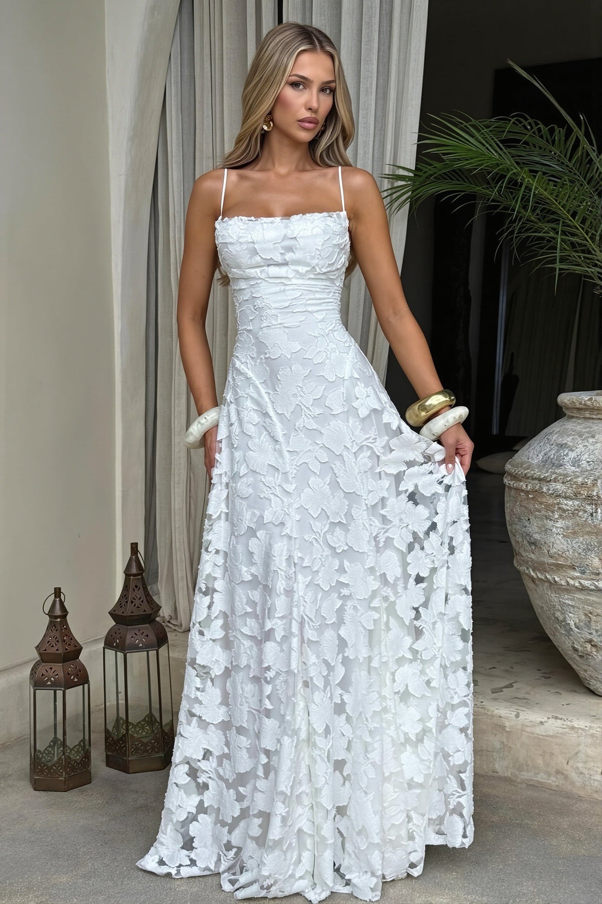 Floral Appliqué Sweetheart Fit and Flare Maxi Gown