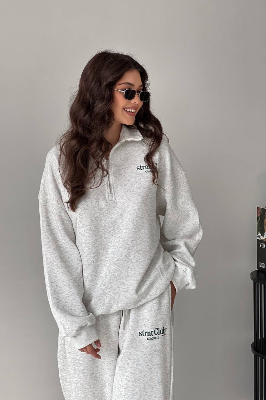 Letter Print Half-Zip Hoodie Loose Straight Pants Two Piece Set