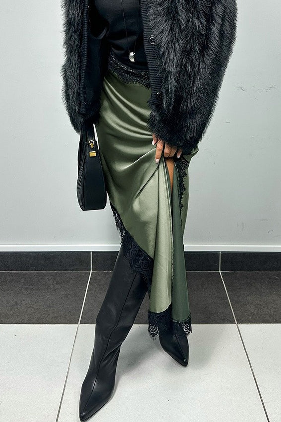 Asymmetric Satin Lace Midi Skirt