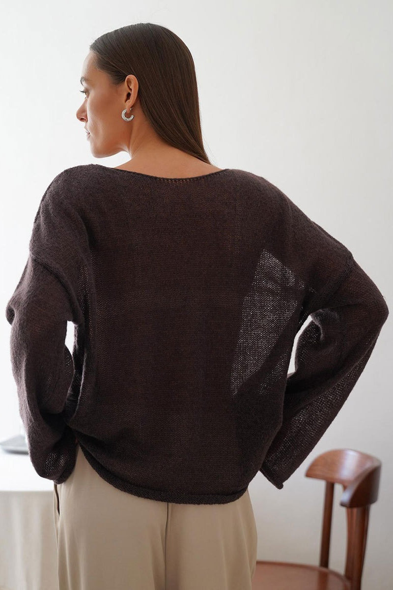 Solid Sheer Cutout Knit Casual Blouse