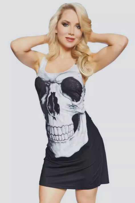 Sleeveless U-Neck Skull Print Mini Dress